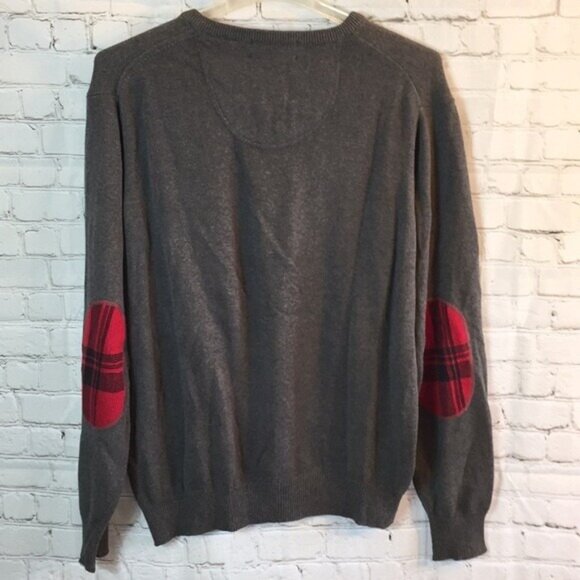 Chaps Mens V-Neck Gray Pullover V Neck Sweater Red Plaid Elbow Patches Large - Picture 2 of 5